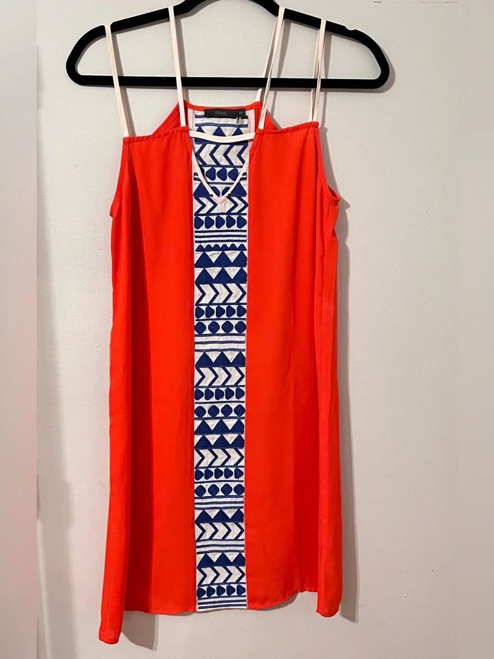 THML Bright Orange Shift Dress with Navy & White Center Panel